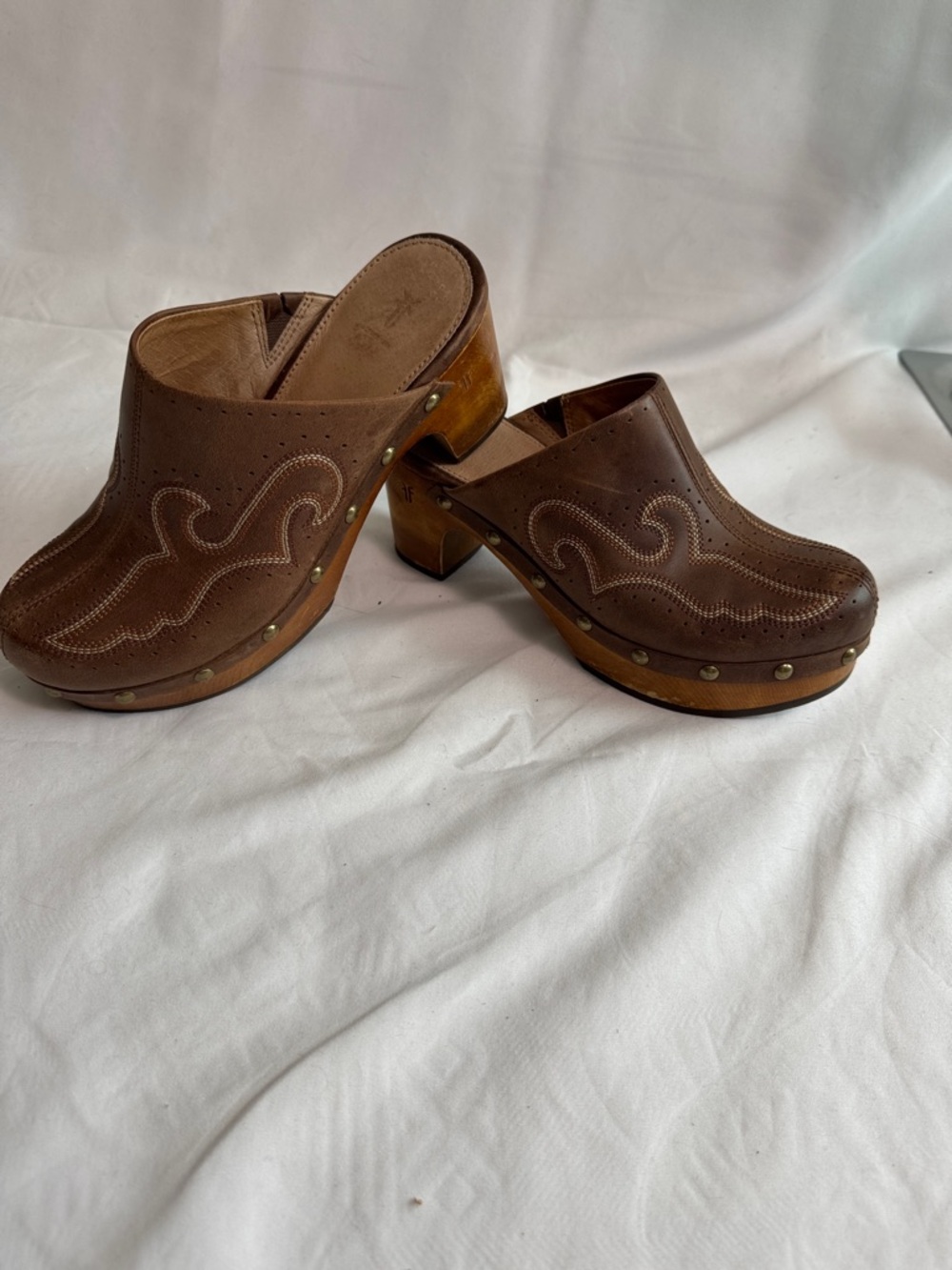 Frye Brown Leather Studded Clog Mules